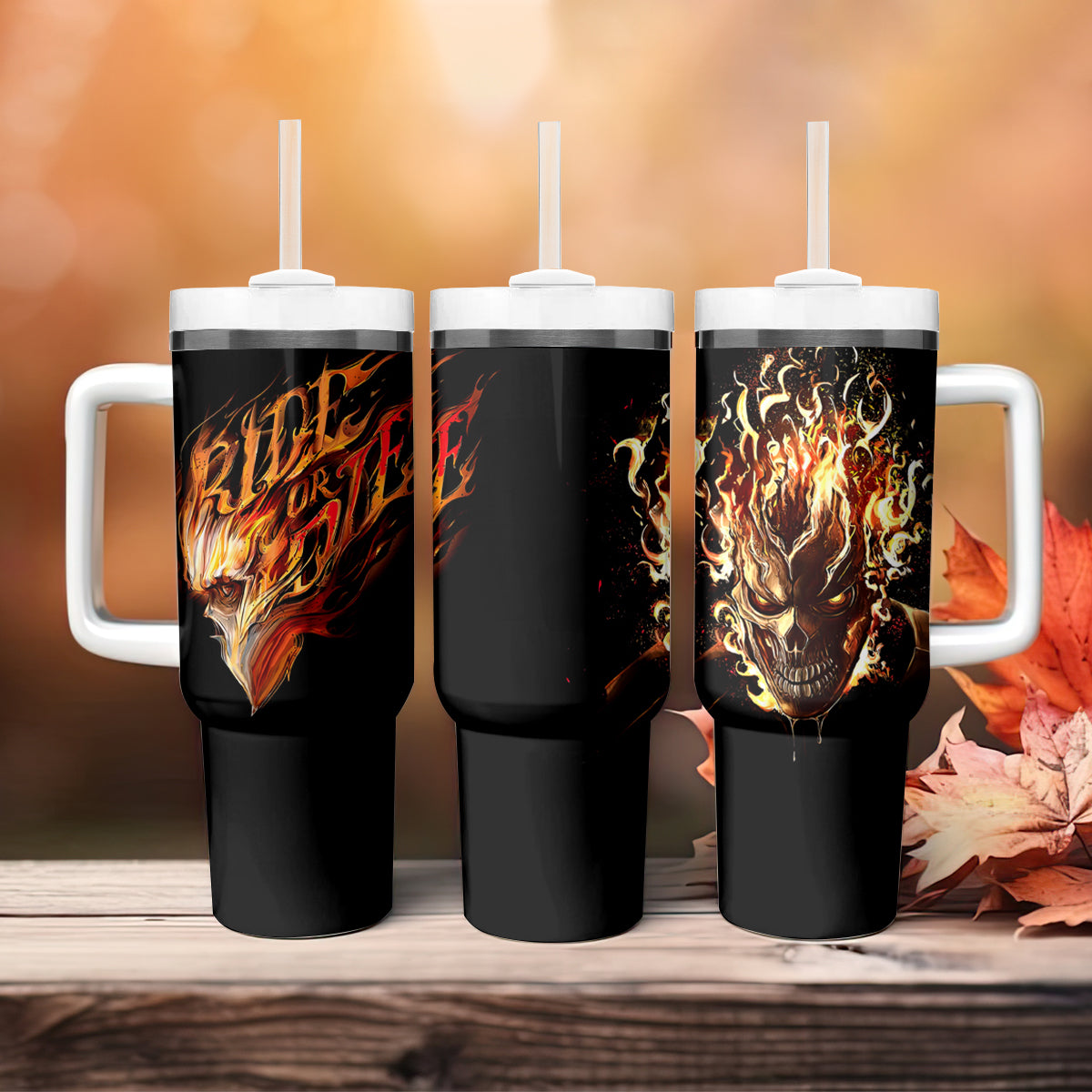 Fire Skull Tumbler With Handle Flame SKull Ride Or Die