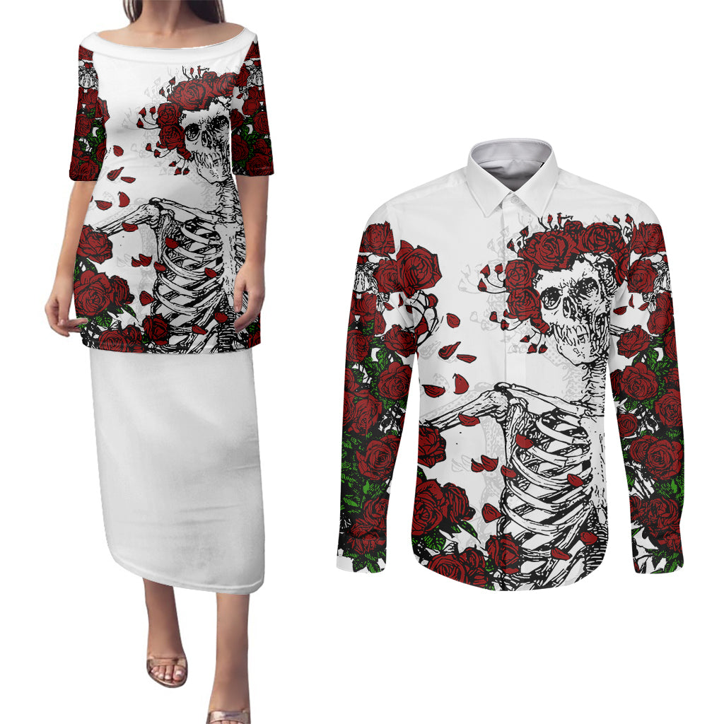 rose-skull-couples-matching-puletasi-dress-and-long-sleeve-button-shirts-rose-skull-day-of-the-dead