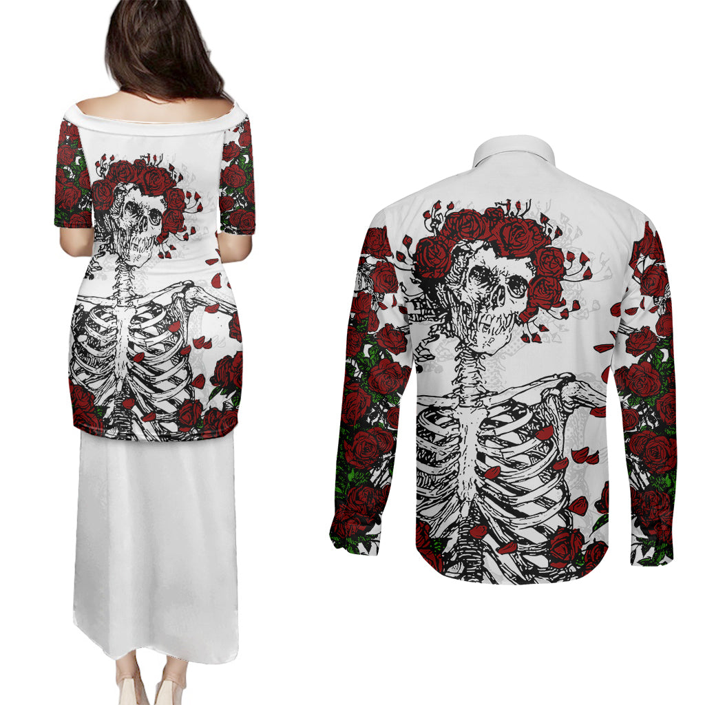 rose-skull-couples-matching-puletasi-dress-and-long-sleeve-button-shirts-rose-skull-day-of-the-dead