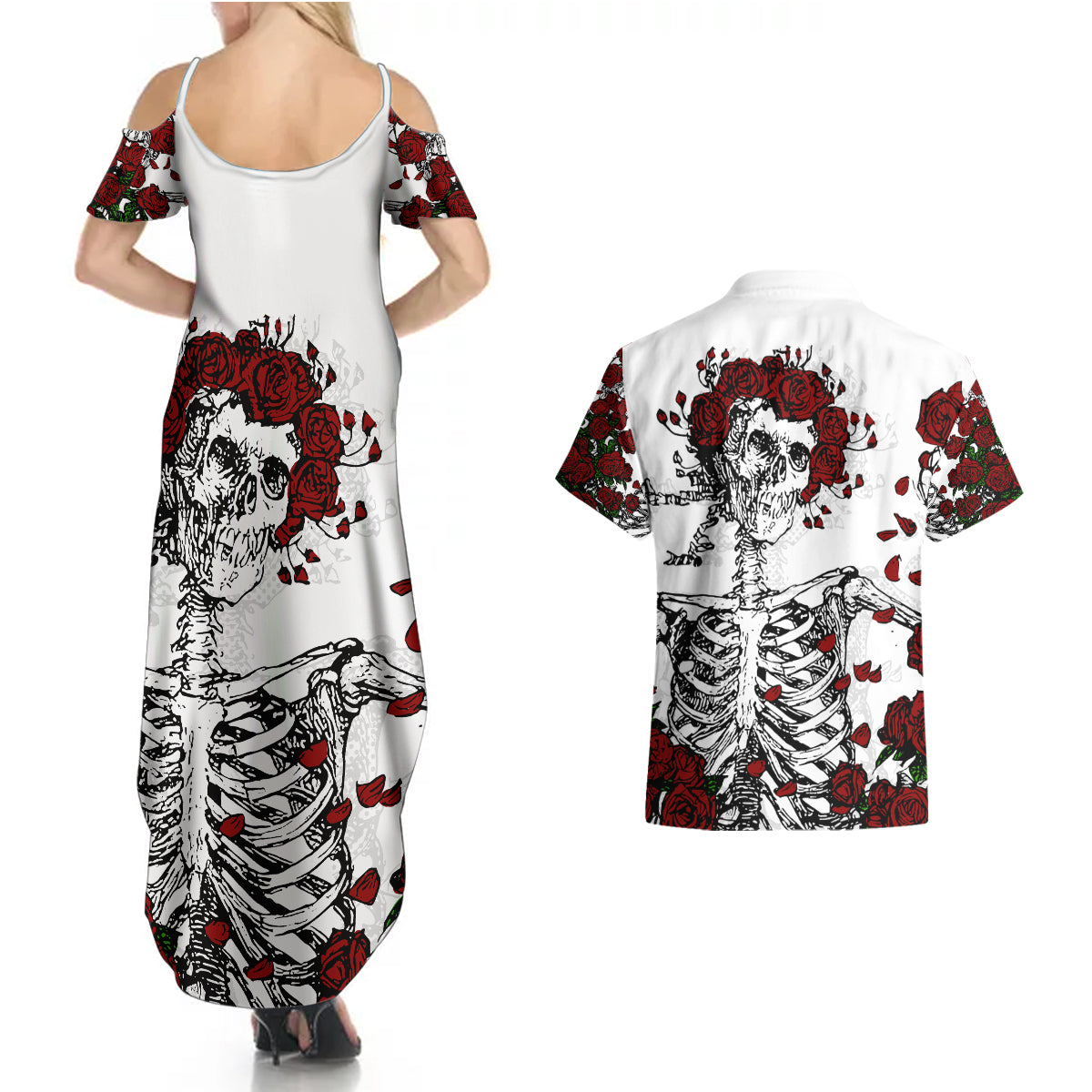 rose-skull-couples-matching-summer-maxi-dress-and-hawaiian-shirt-rose-skull-day-of-the-dead