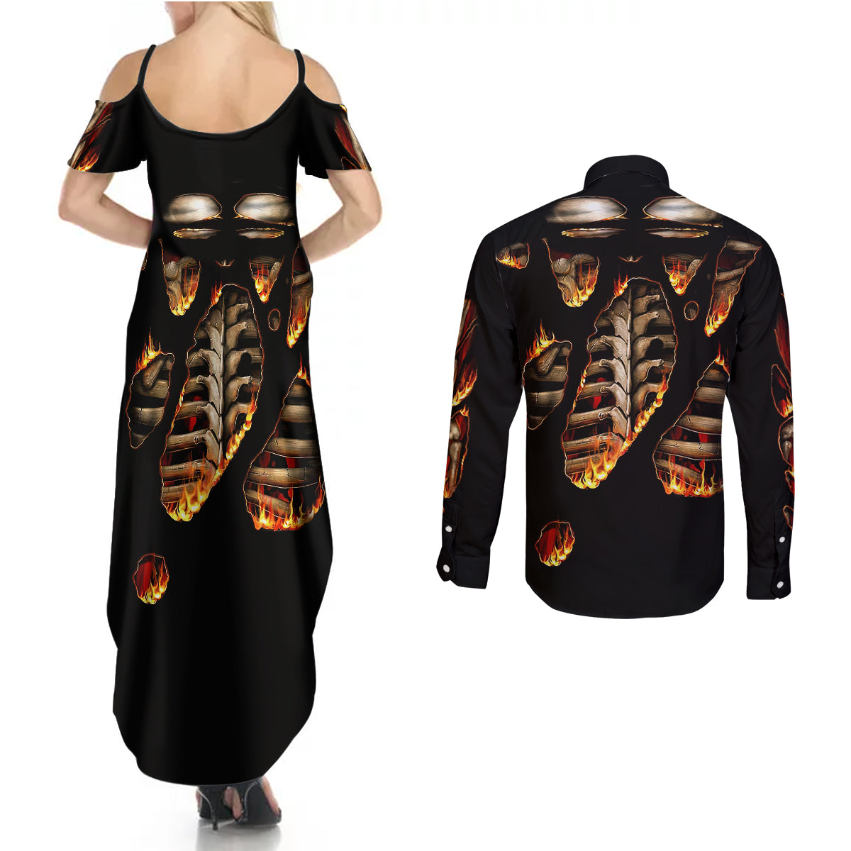 flame-skull-couples-matching-summer-maxi-dress-and-long-sleeve-button-shirts-flame-skeleton-inside-my-body