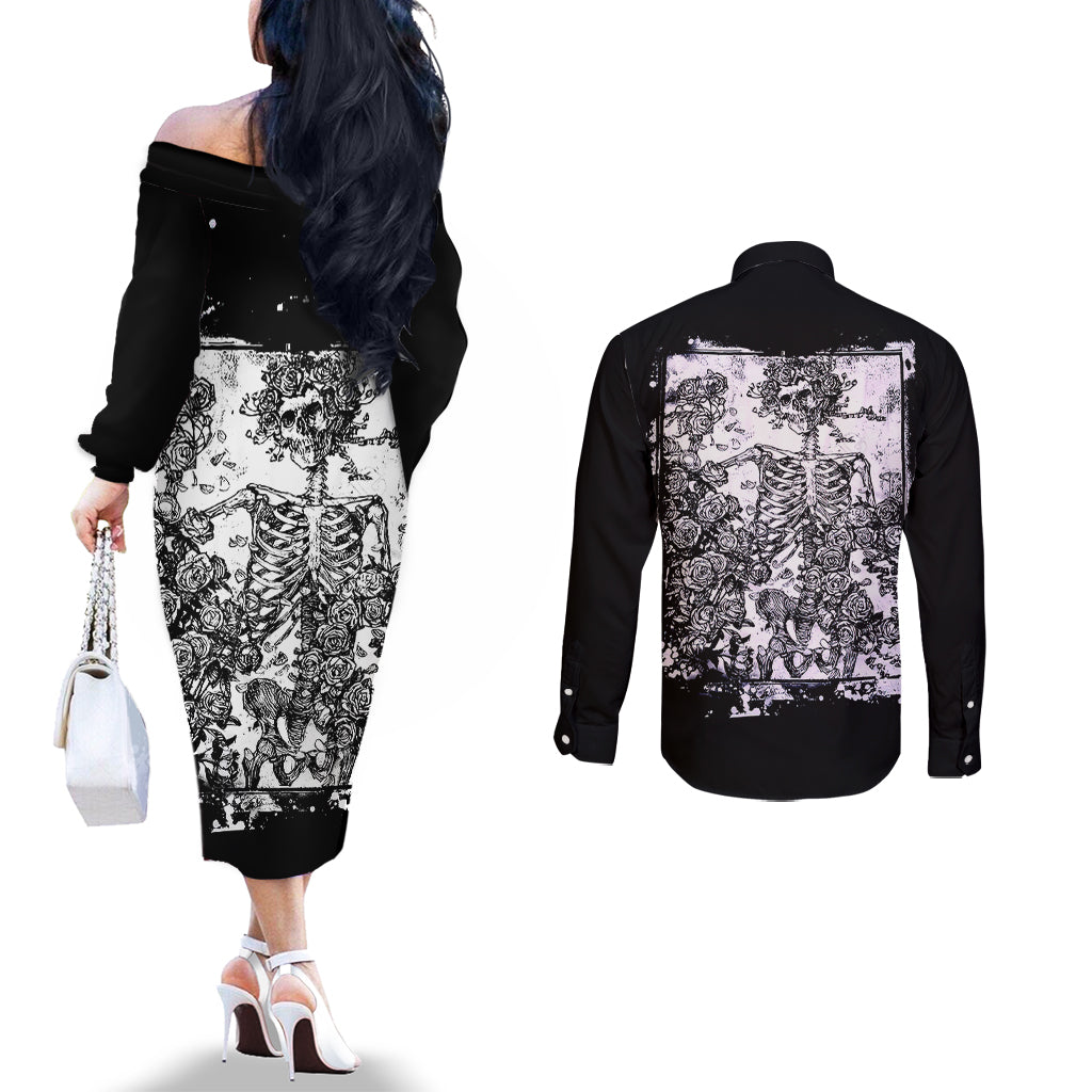 rose-skull-couples-matching-off-the-shoulder-long-sleeve-dress-and-long-sleeve-button-shirts-white-rose-skull-day-of-the-dead