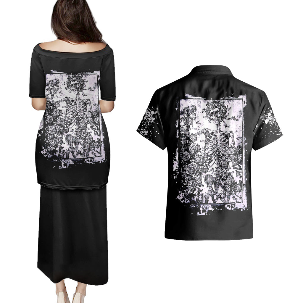rose-skull-couples-matching-puletasi-dress-and-hawaiian-shirt-white-rose-skull-day-of-the-dead