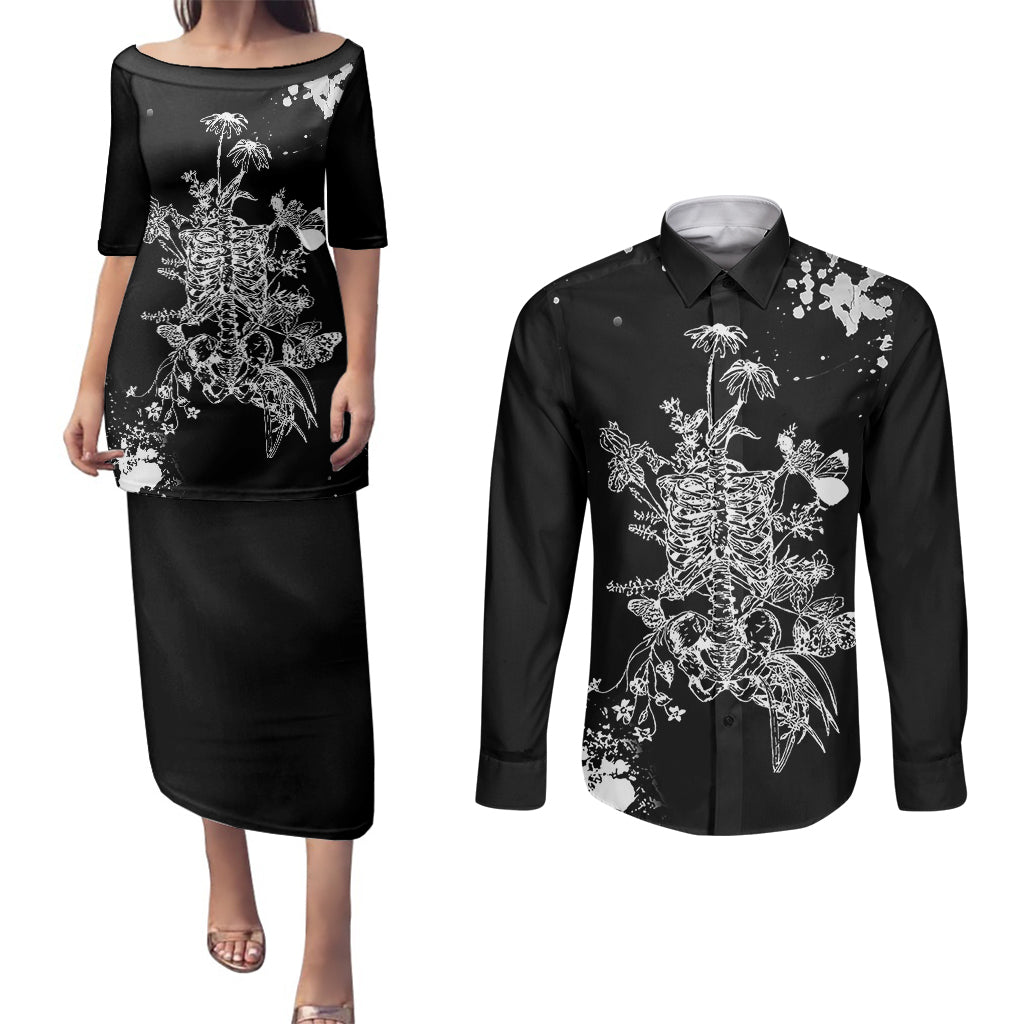 rose-skull-couples-matching-puletasi-dress-and-long-sleeve-button-shirts-white-rose-skull-day-of-the-dead