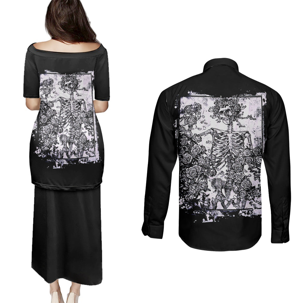 rose-skull-couples-matching-puletasi-dress-and-long-sleeve-button-shirts-white-rose-skull-day-of-the-dead