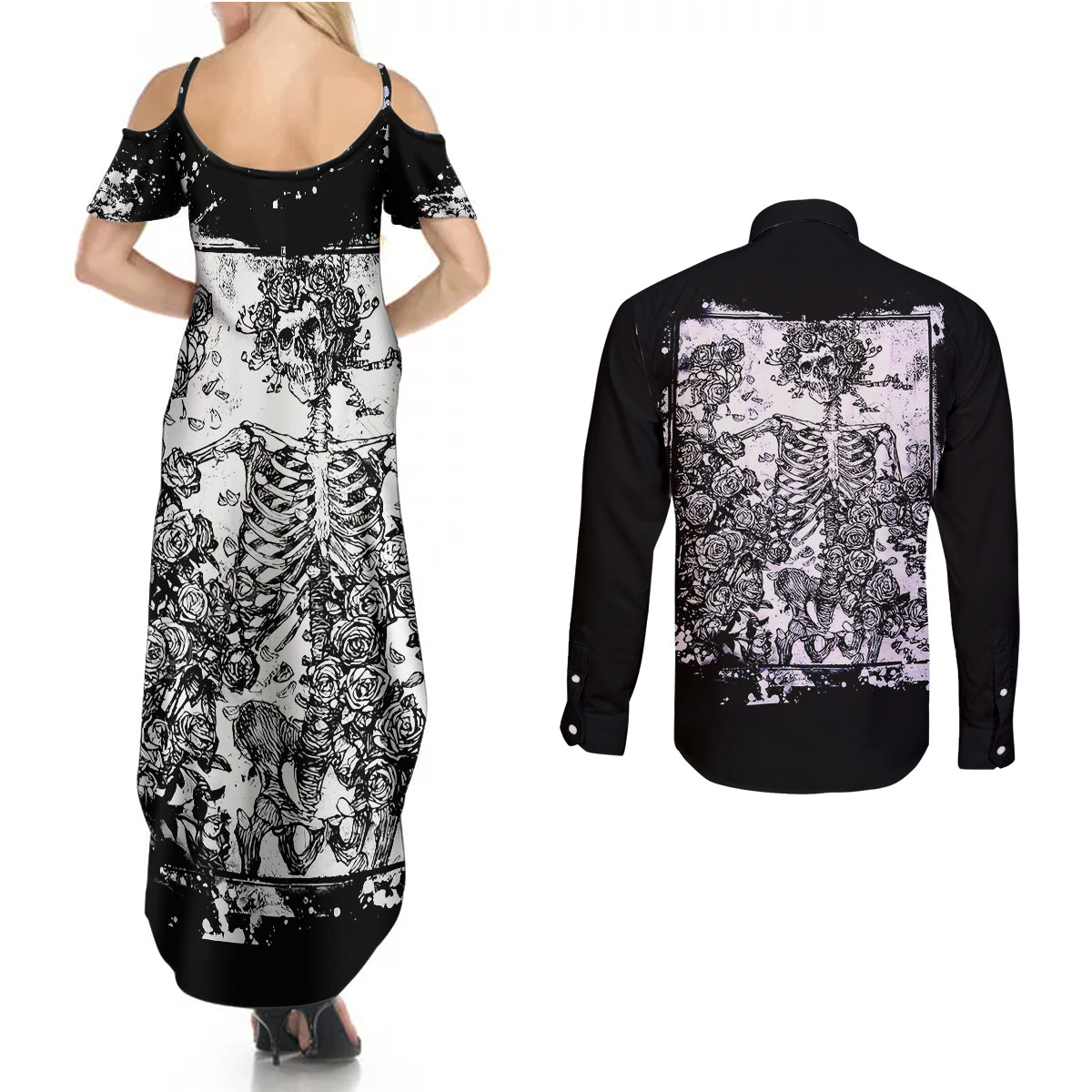 rose-skull-couples-matching-summer-maxi-dress-and-long-sleeve-button-shirts-white-rose-skull-day-of-the-dead