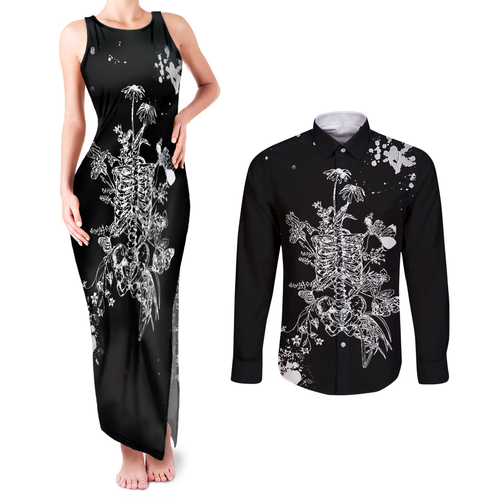 rose-skull-couples-matching-tank-maxi-dress-and-long-sleeve-button-shirts-white-rose-skull-day-of-the-dead