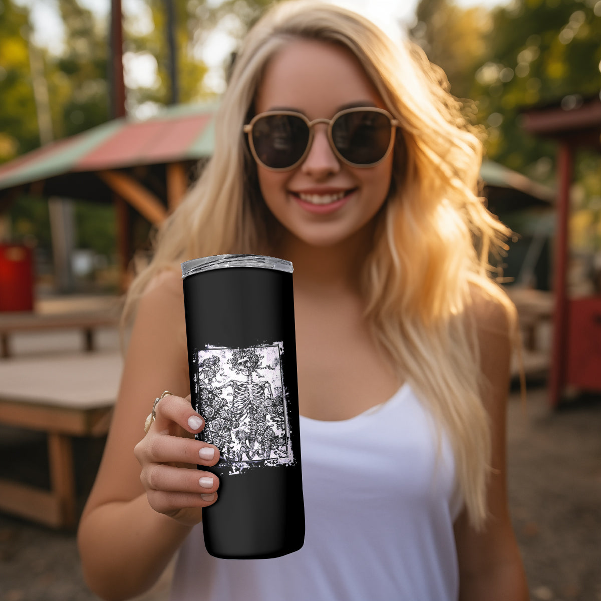 Rose Skull Skinny Tumbler White Rose Skull Day Of The Dead
