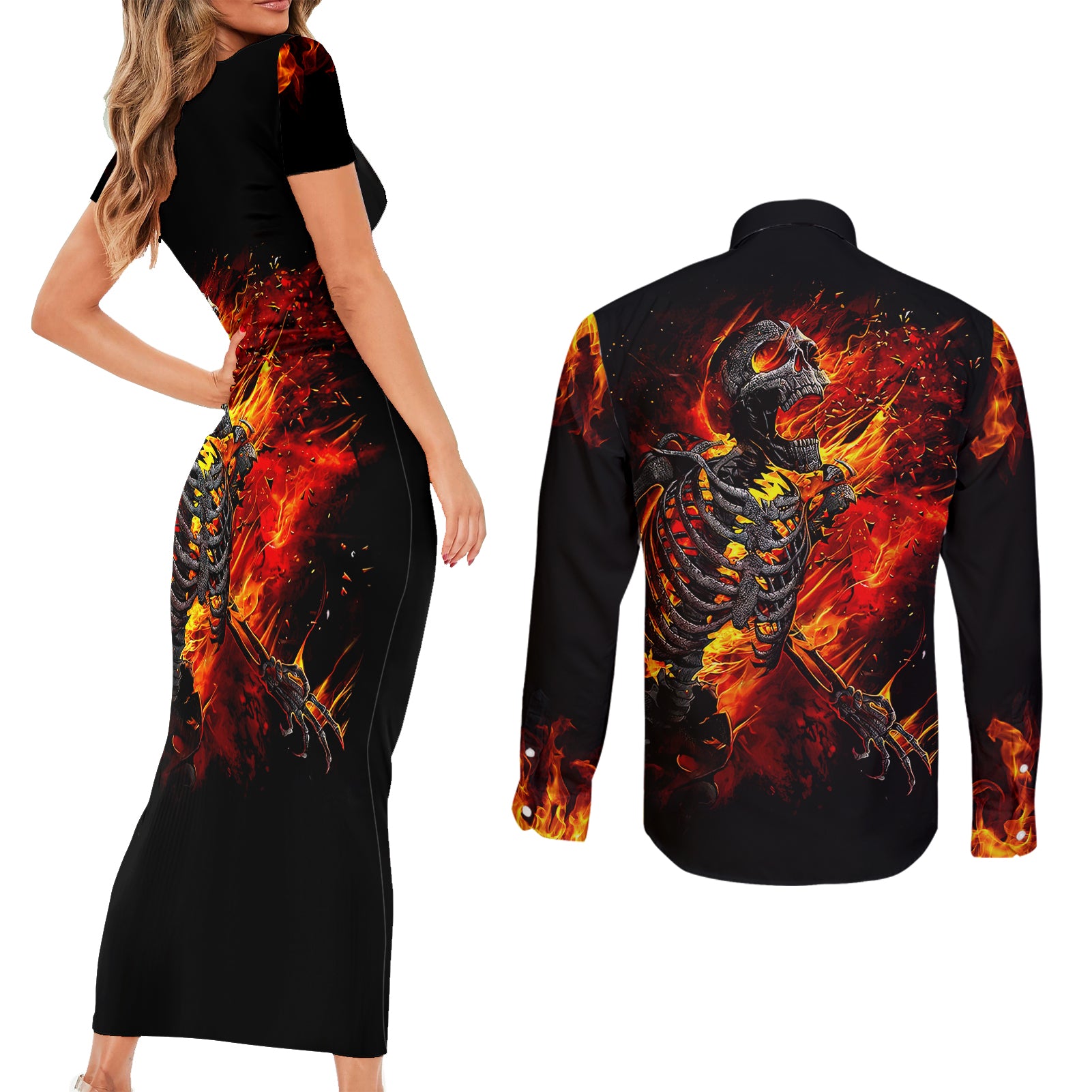 fire-skull-couples-matching-short-sleeve-bodycon-dress-and-long-sleeve-button-shirts-dead-fire-skeleton-scream