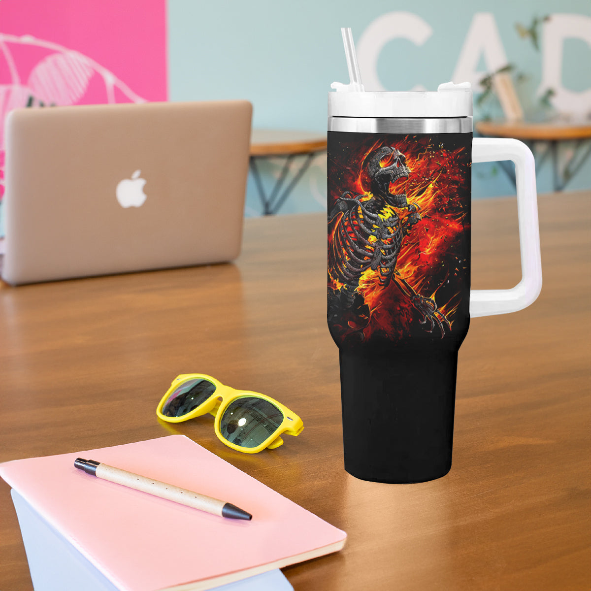 Fire Skull Tumbler With Handle Dead Fire Skeleton Scream