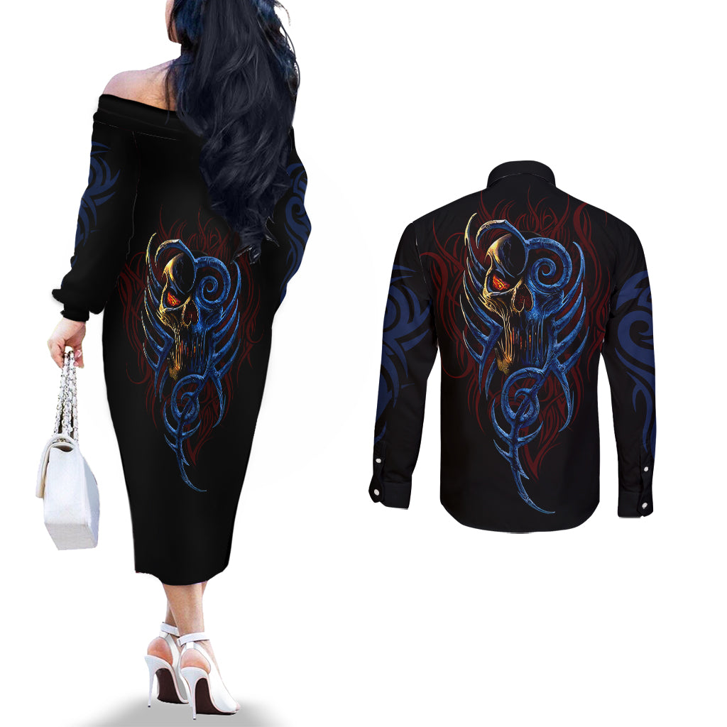 devil-skull-couples-matching-off-the-shoulder-long-sleeve-dress-and-long-sleeve-button-shirts-devil-face-scream