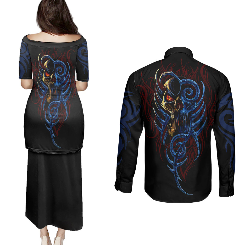 devil-skull-couples-matching-puletasi-dress-and-long-sleeve-button-shirts-devil-face-scream