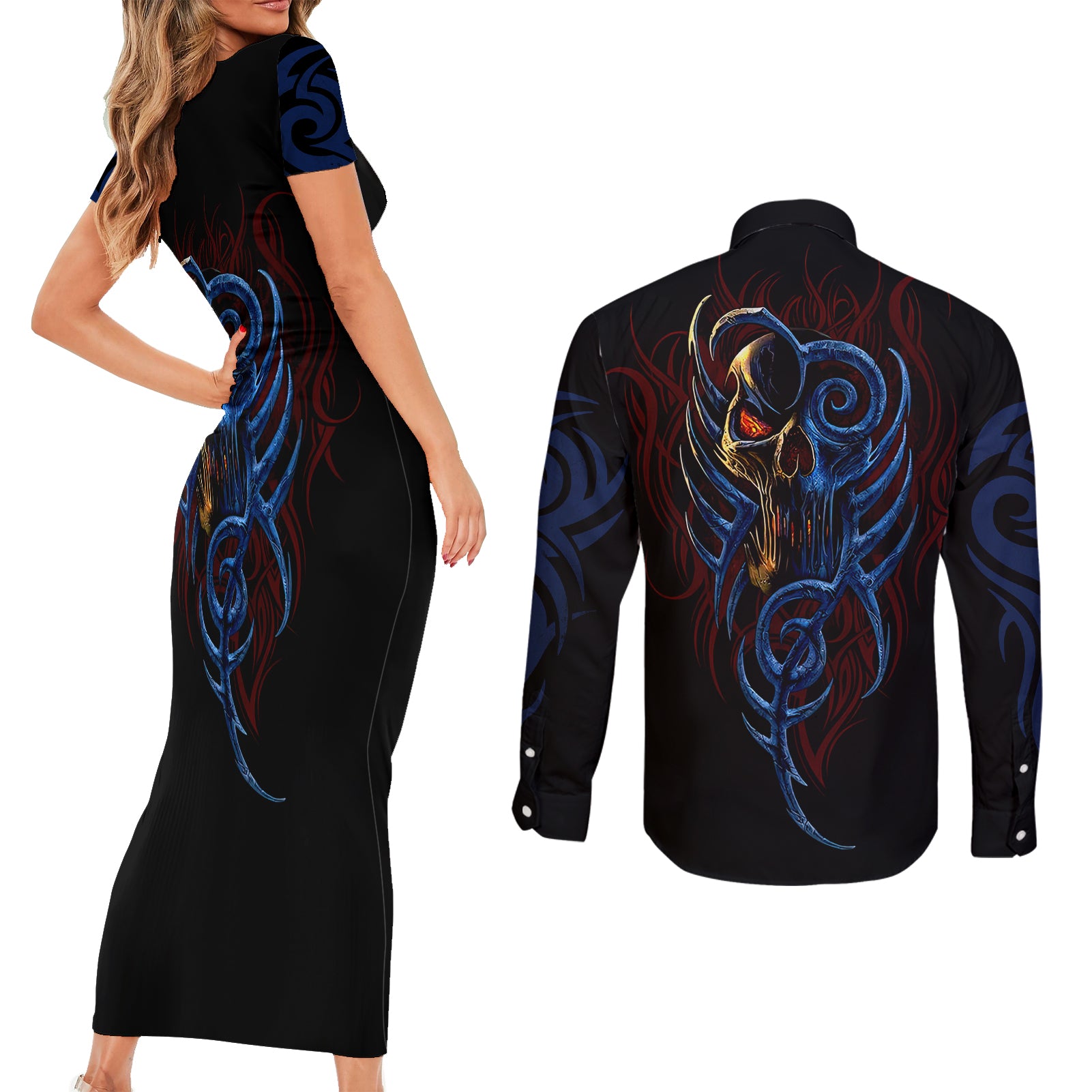 devil-skull-couples-matching-short-sleeve-bodycon-dress-and-long-sleeve-button-shirts-devil-face-scream