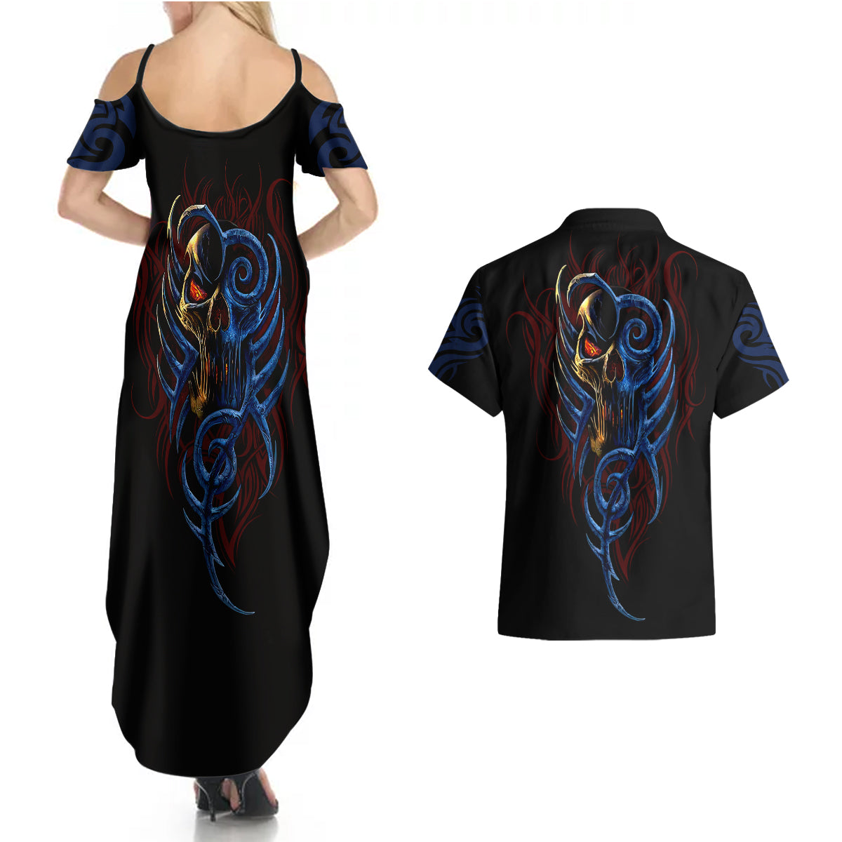 devil-skull-couples-matching-summer-maxi-dress-and-hawaiian-shirt-devil-face-scream