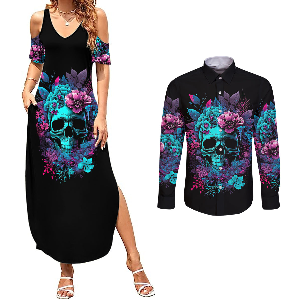 wings-skull-couples-matching-summer-maxi-dress-and-long-sleeve-button-shirts-want-to-be-karma-fairy-rose-skull