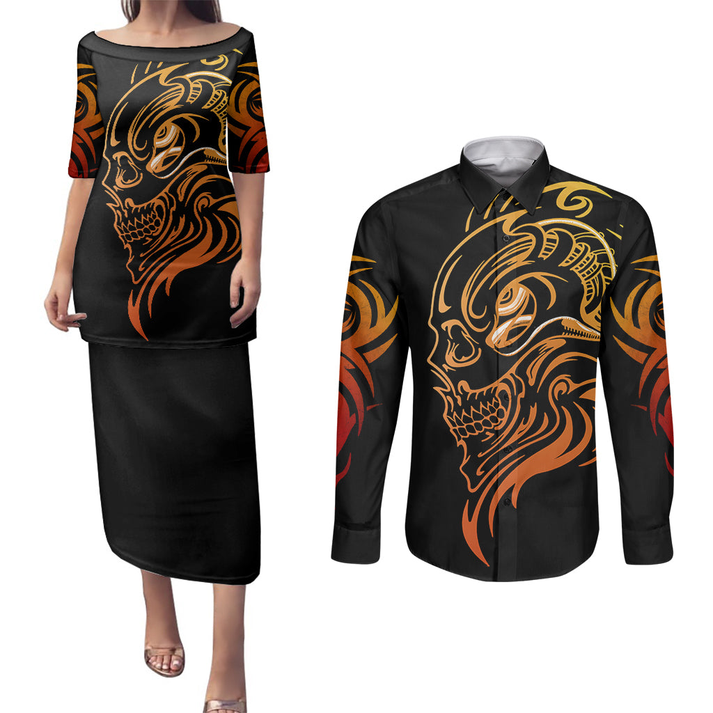 tattoo-skull-couples-matching-puletasi-dress-and-long-sleeve-button-shirts-golden-skull-face-tattoo