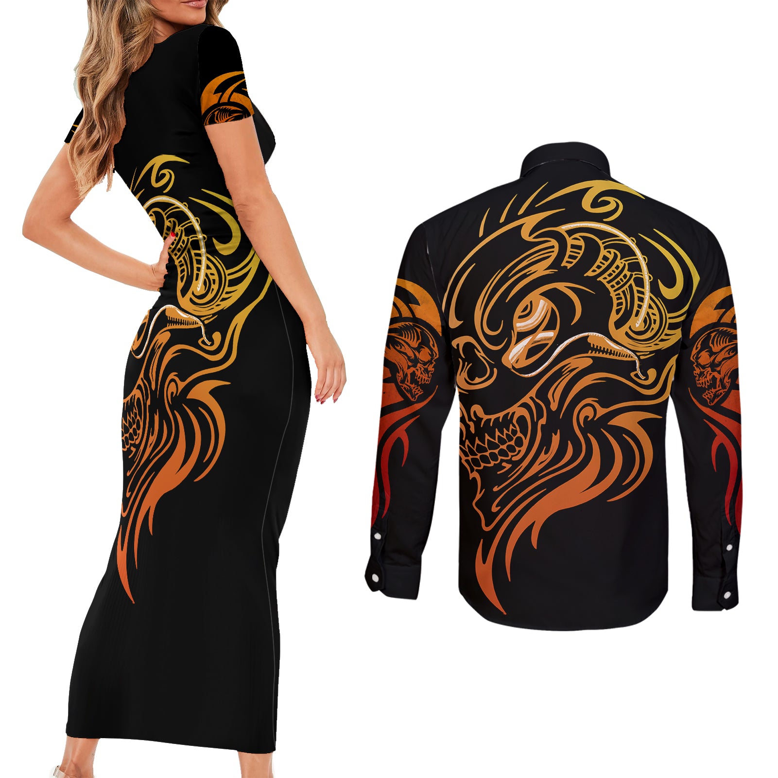 tattoo-skull-couples-matching-short-sleeve-bodycon-dress-and-long-sleeve-button-shirts-golden-skull-face-tattoo