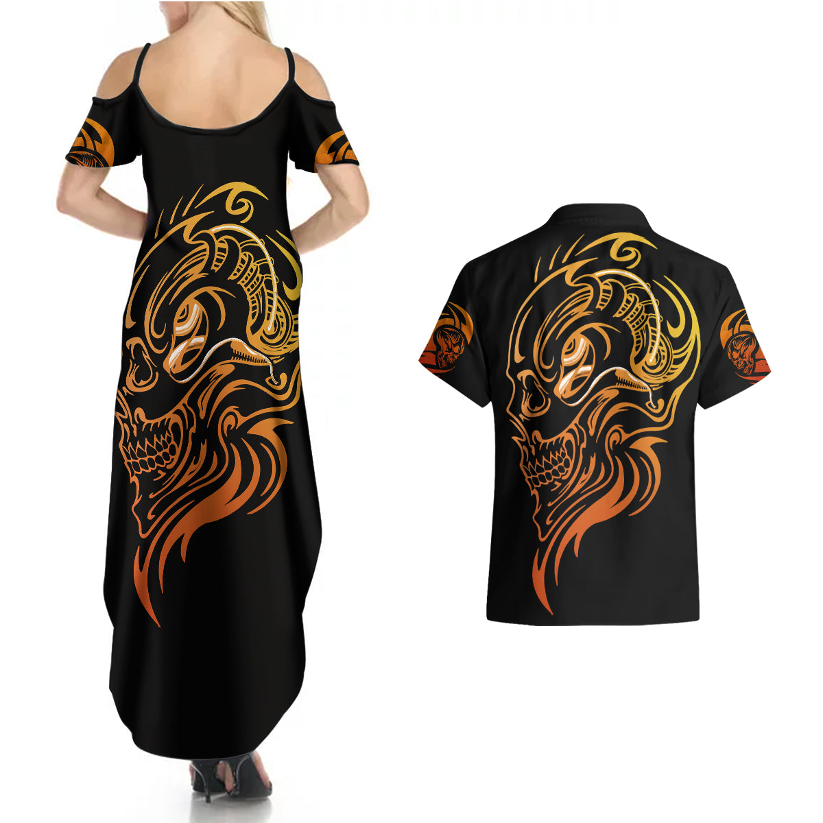 tattoo-skull-couples-matching-summer-maxi-dress-and-hawaiian-shirt-golden-skull-face-tattoo
