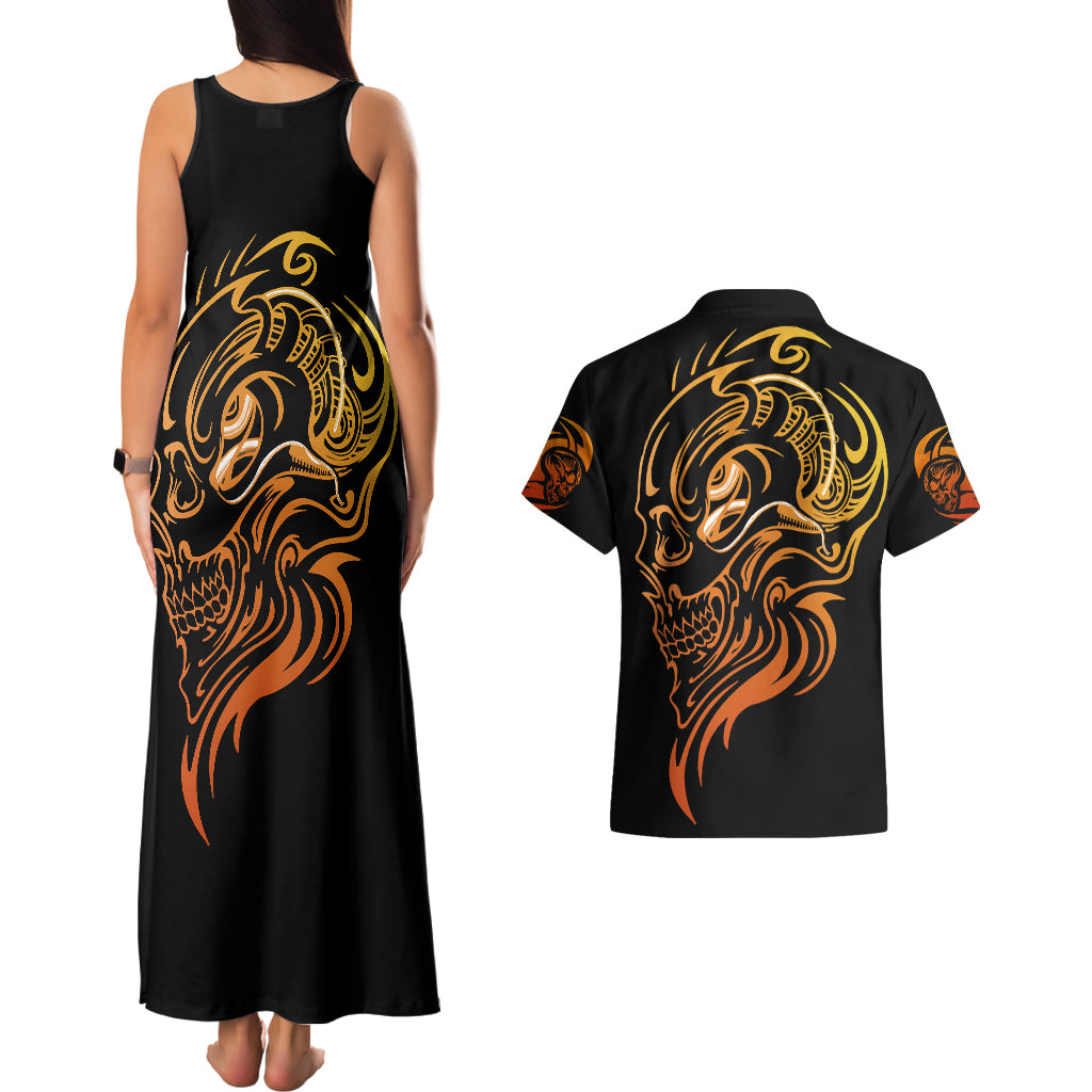 tattoo-skull-couples-matching-tank-maxi-dress-and-hawaiian-shirt-golden-skull-face-tattoo