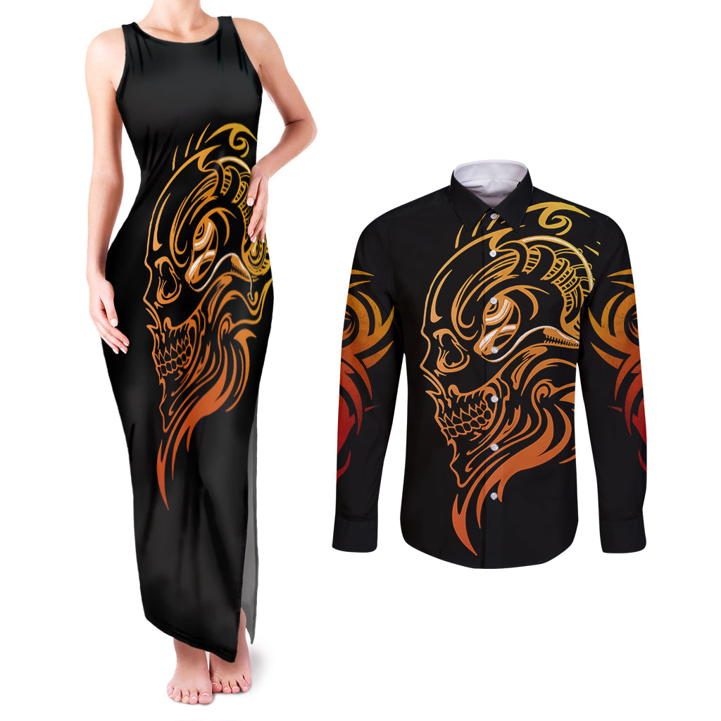 tattoo-skull-couples-matching-tank-maxi-dress-and-long-sleeve-button-shirts-golden-skull-face-tattoo