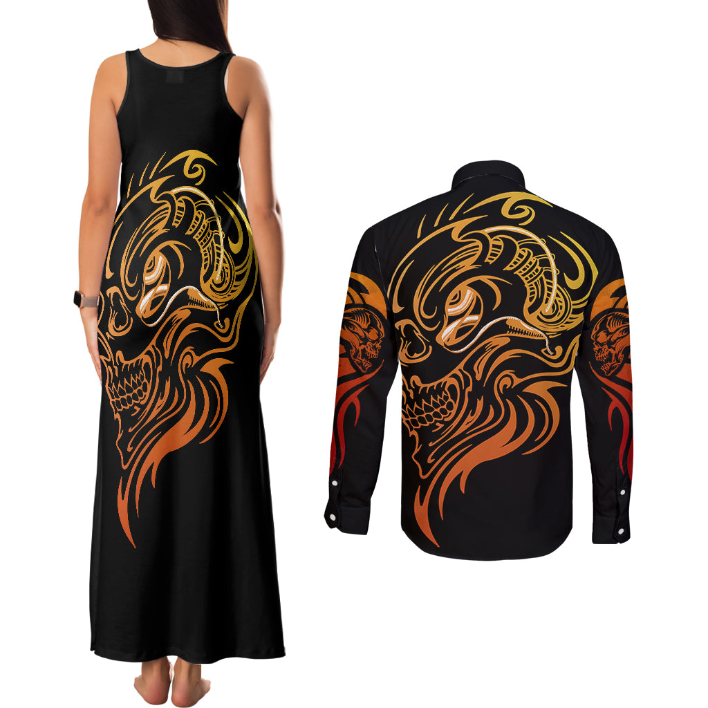 tattoo-skull-couples-matching-tank-maxi-dress-and-long-sleeve-button-shirts-golden-skull-face-tattoo