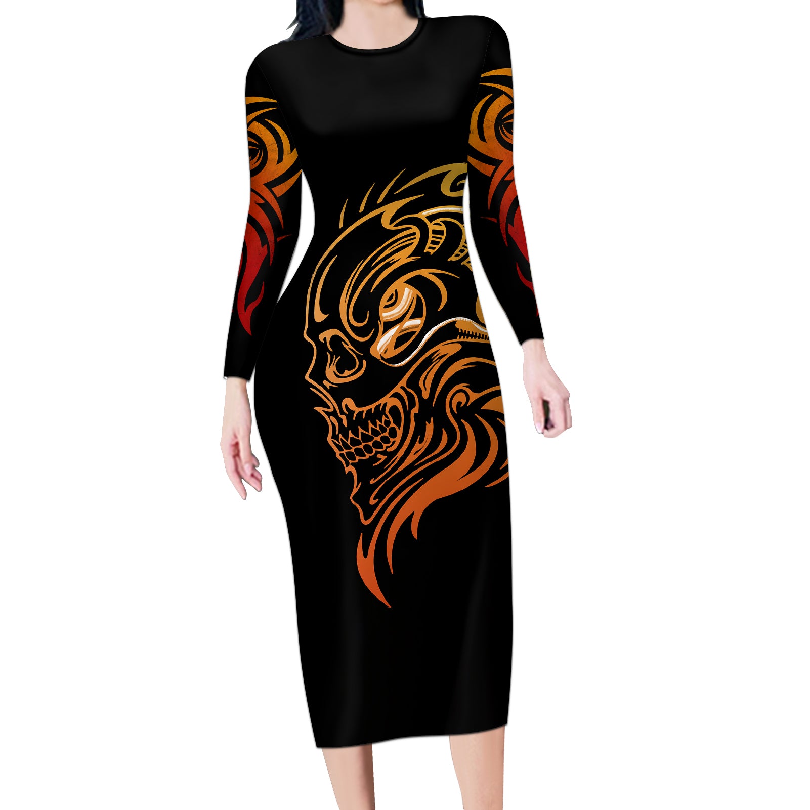 tattoo-skull-long-sleeve-bodycon-dress-golden-skull-face-tattoo