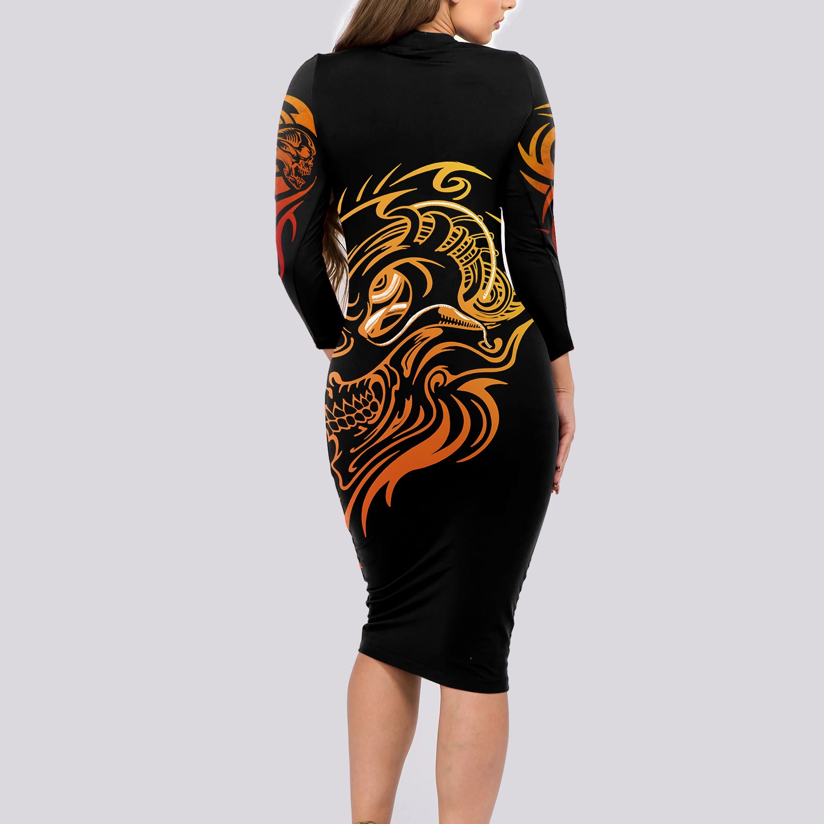 tattoo-skull-long-sleeve-bodycon-dress-golden-skull-face-tattoo