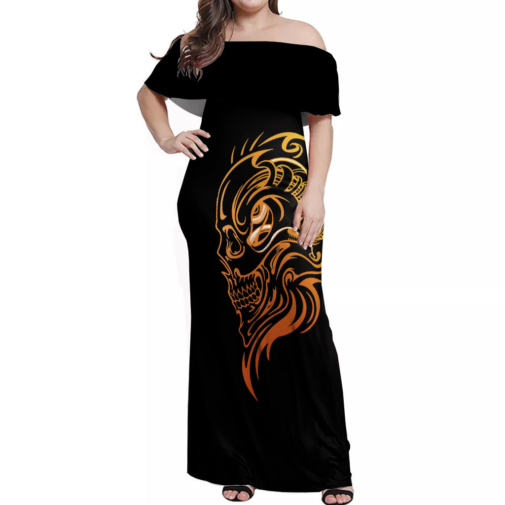 tattoo-skull-off-shoulder-maxi-dress-golden-skull-face-tattoo
