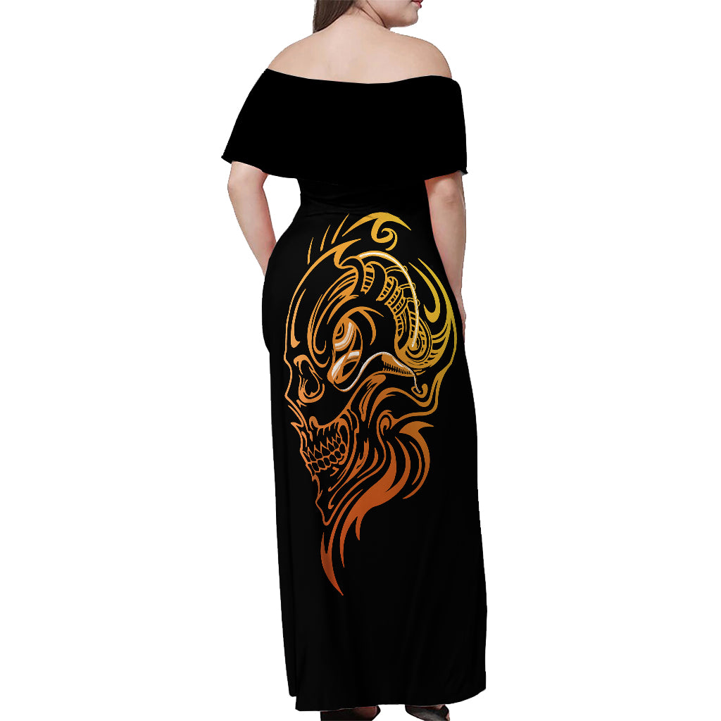 tattoo-skull-off-shoulder-maxi-dress-golden-skull-face-tattoo