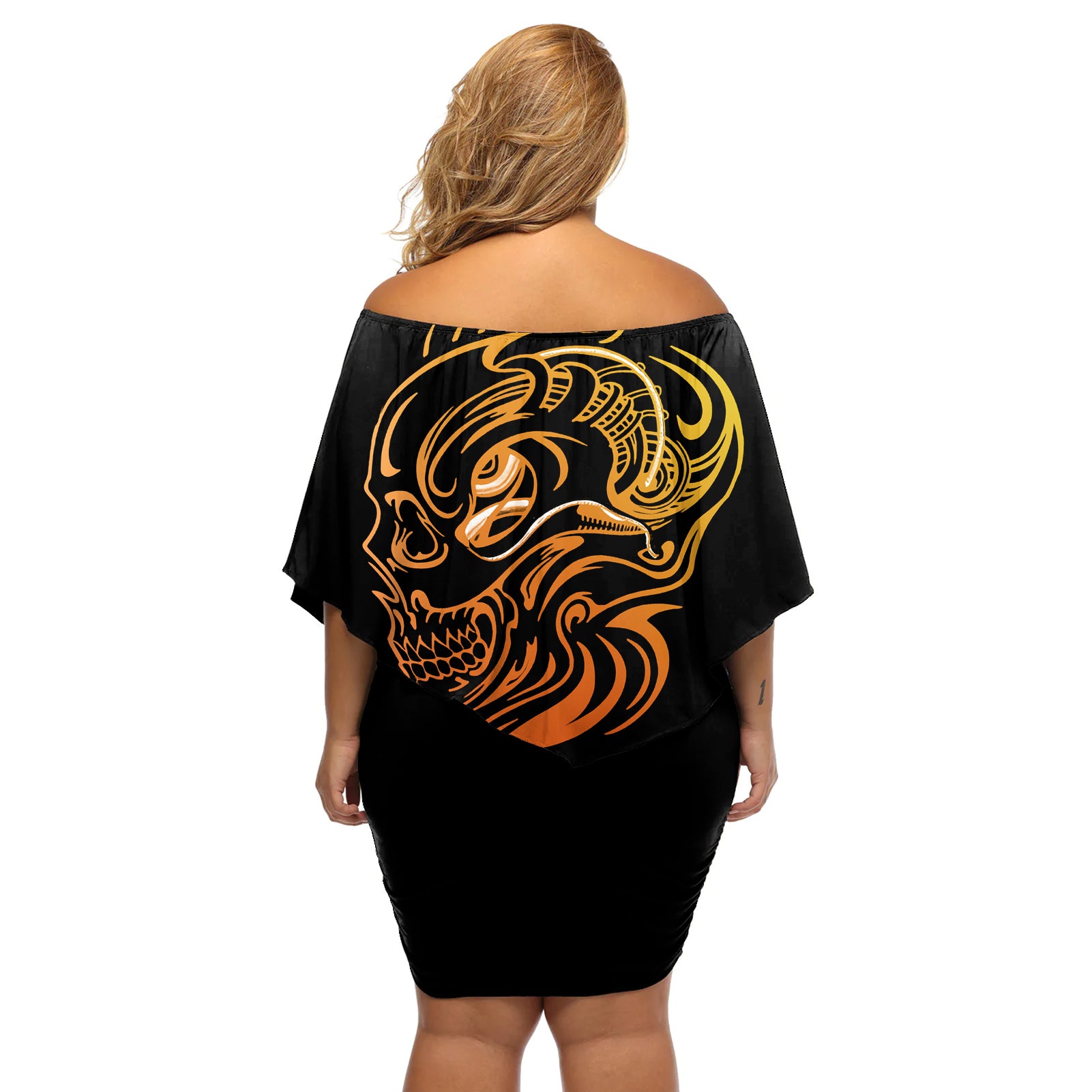 tattoo-skull-off-shoulder-short-dress-golden-skull-face-tattoo