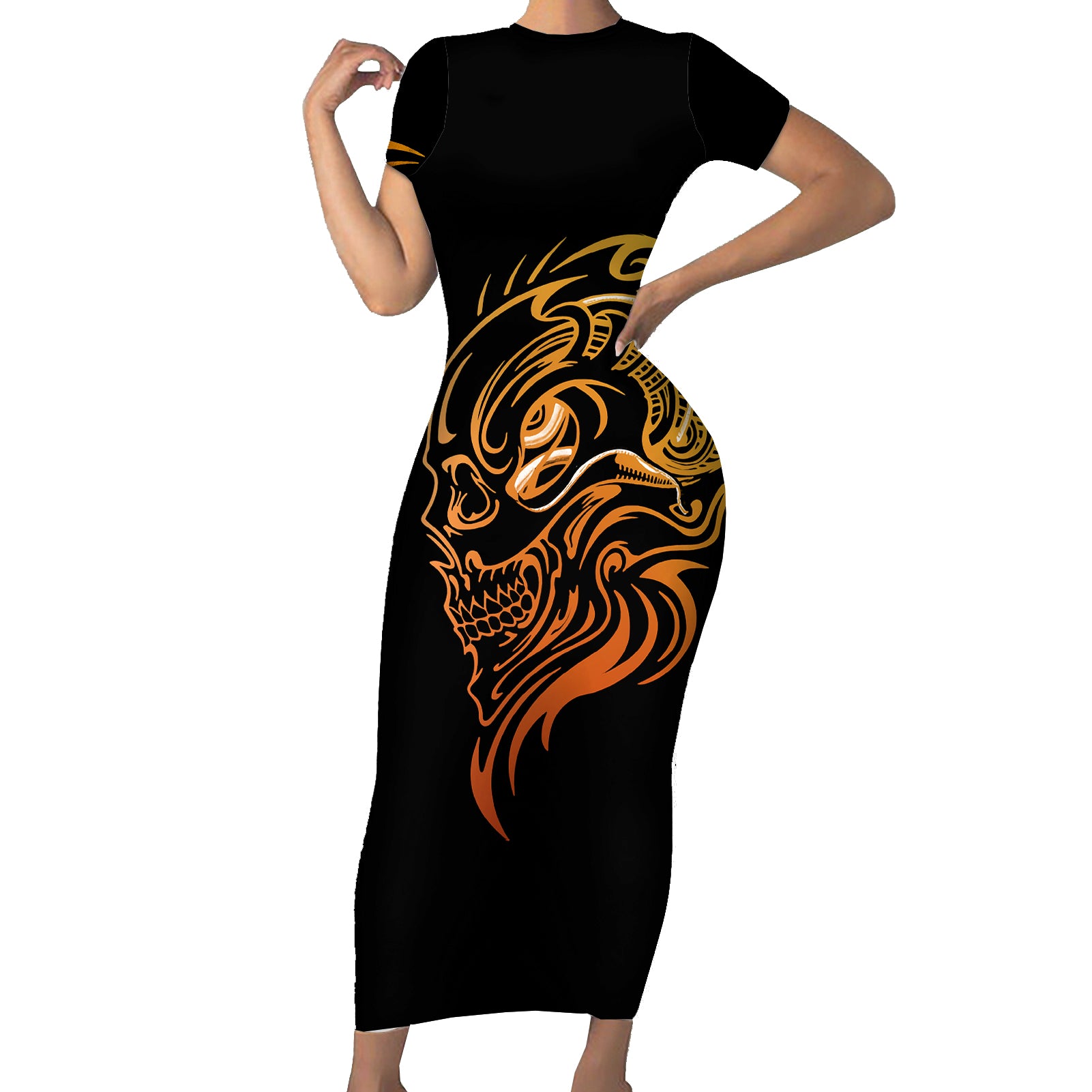 tattoo-skull-short-sleeve-bodycon-dress-golden-skull-face-tattoo