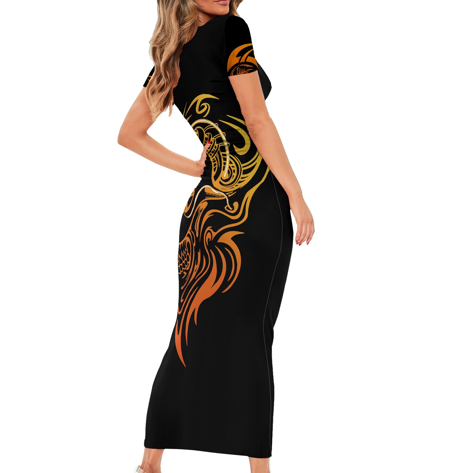 tattoo-skull-short-sleeve-bodycon-dress-golden-skull-face-tattoo