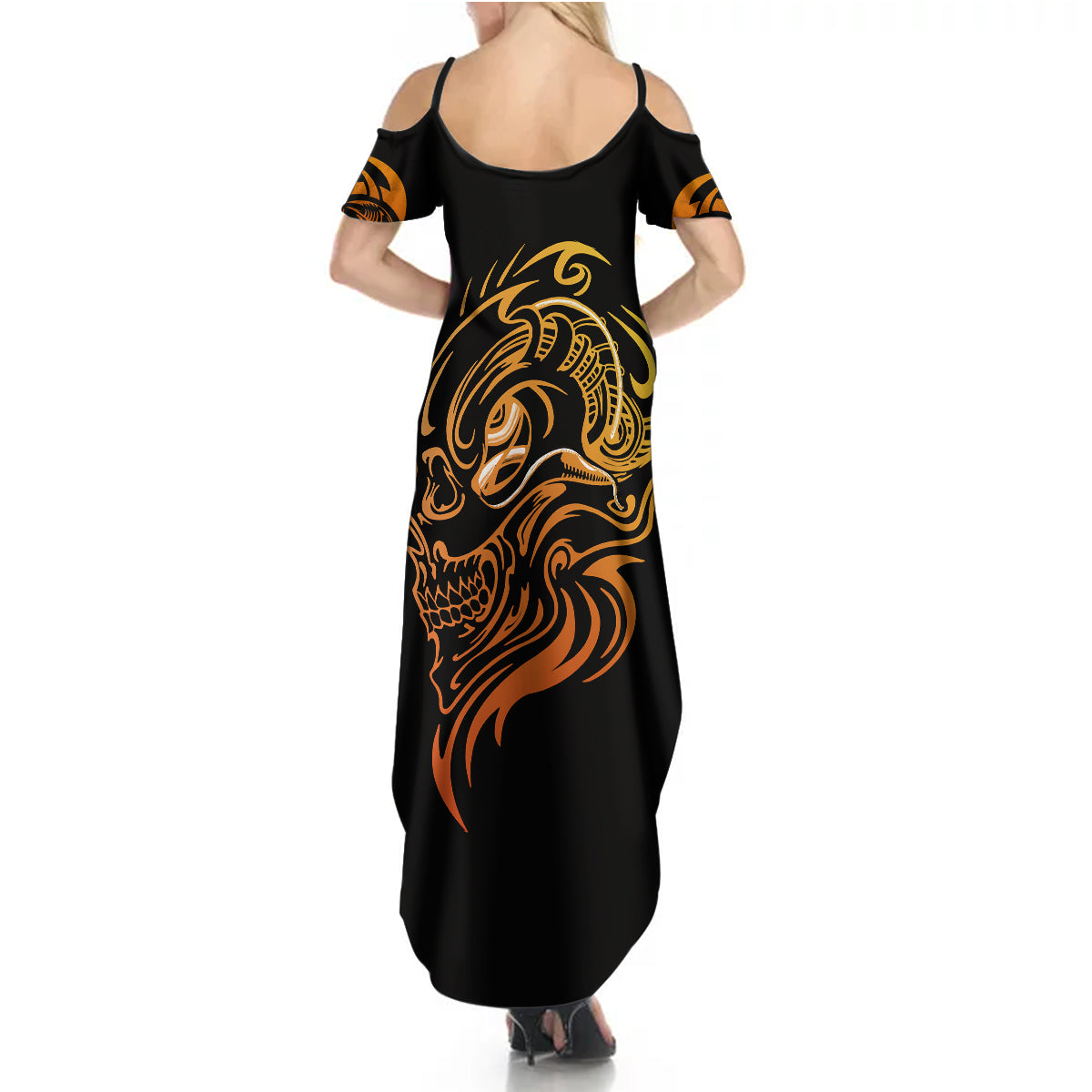 tattoo-skull-summer-maxi-dress-golden-skull-face-tattoo
