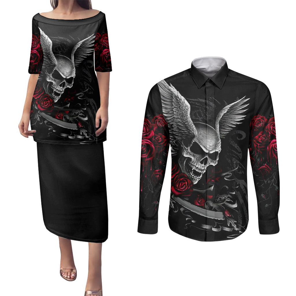 wings-rose-skull-couples-matching-puletasi-dress-and-long-sleeve-button-shirts-romantic-rose-skull-wings