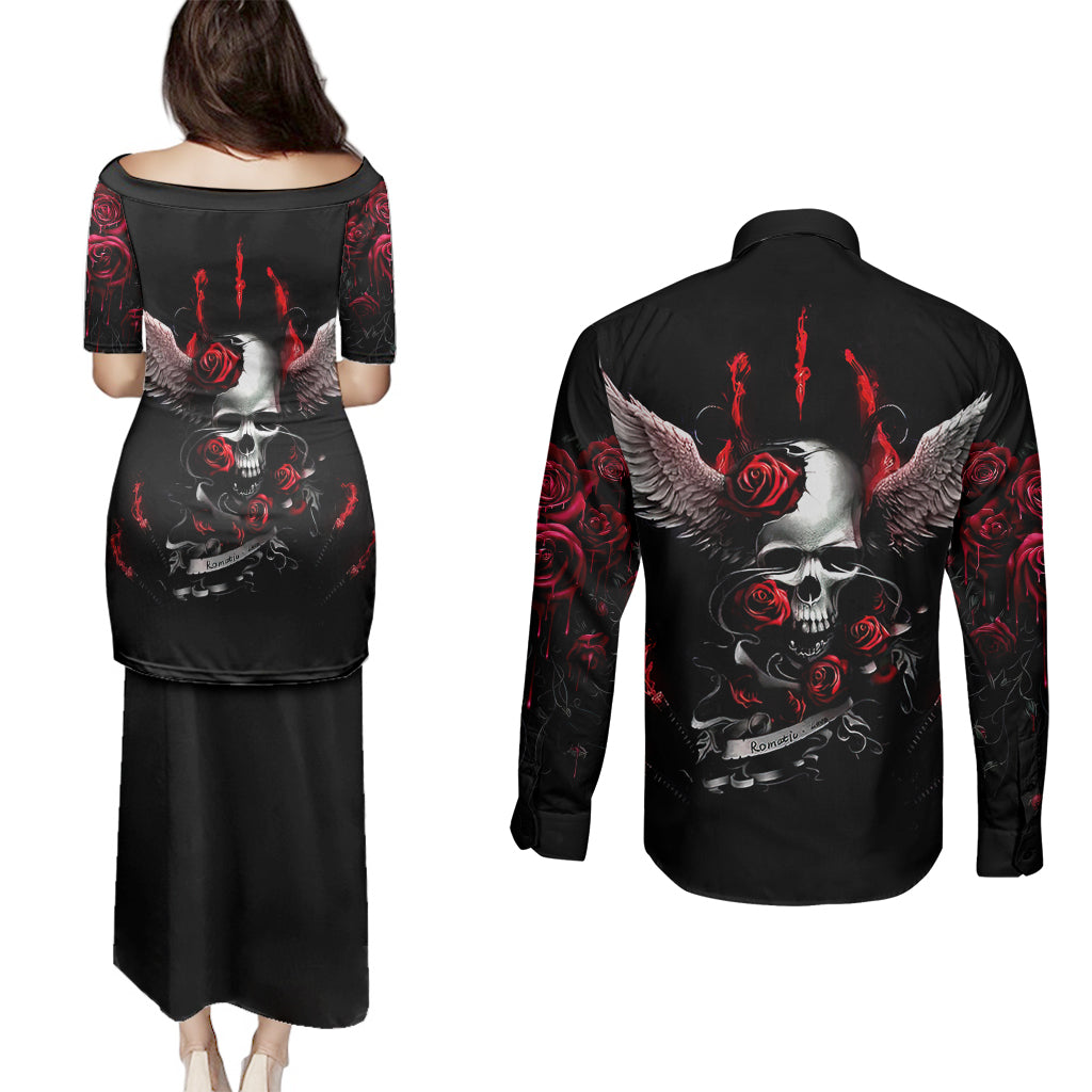 wings-rose-skull-couples-matching-puletasi-dress-and-long-sleeve-button-shirts-romantic-rose-skull-wings