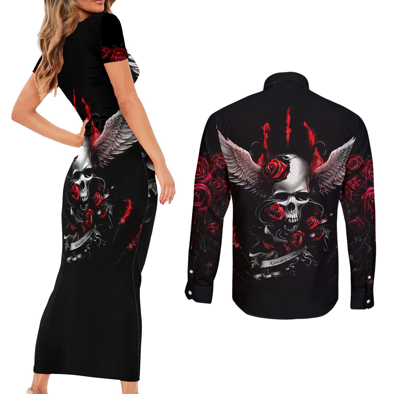 wings-rose-skull-couples-matching-short-sleeve-bodycon-dress-and-long-sleeve-button-shirts-romantic-rose-skull-wings