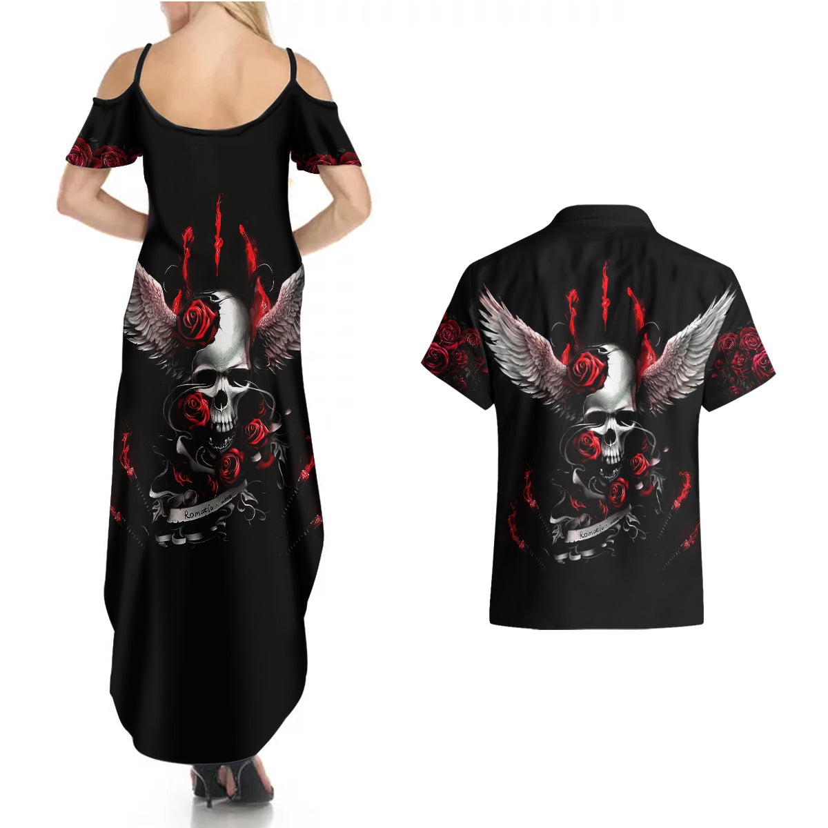 wings-rose-skull-couples-matching-summer-maxi-dress-and-hawaiian-shirt-romantic-rose-skull-wings
