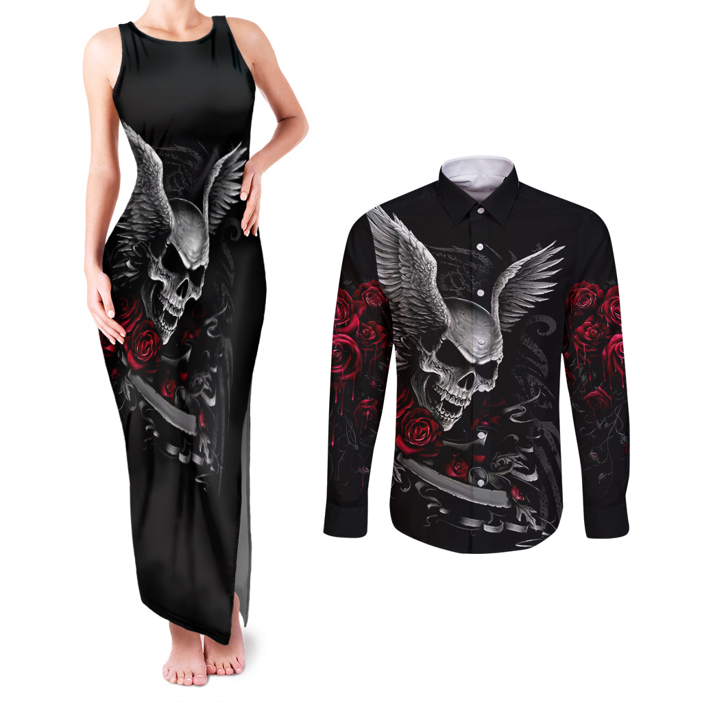 wings-rose-skull-couples-matching-tank-maxi-dress-and-long-sleeve-button-shirts-romantic-rose-skull-wings