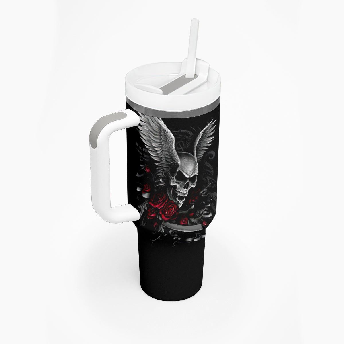 Wings Rose Skull Tumbler With Handle Romantic Rose Skull Wings