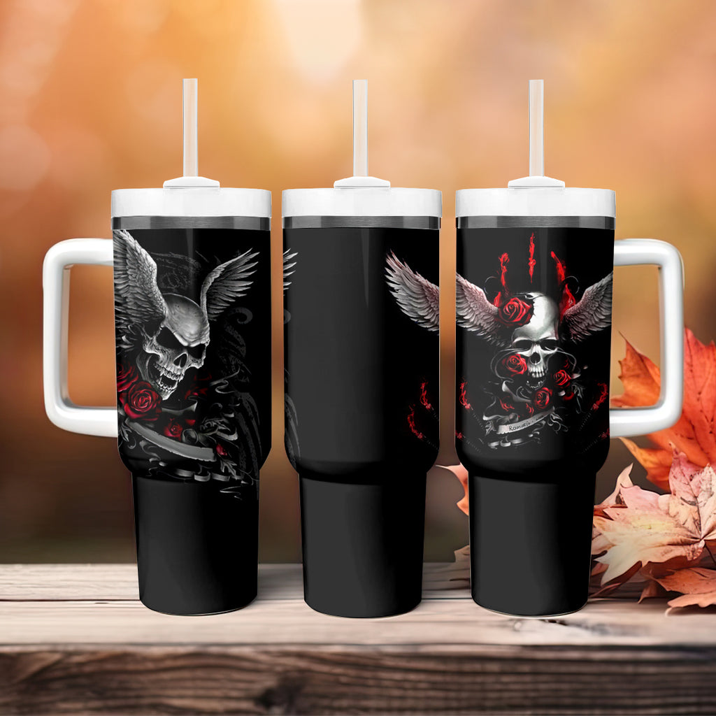 Wings Rose Skull Tumbler With Handle Romantic Rose Skull Wings