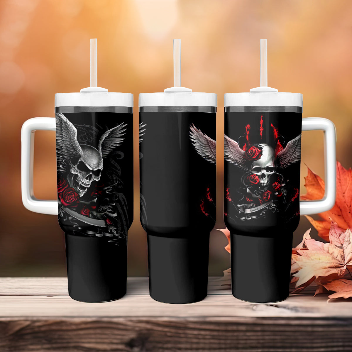 Wings Rose Skull Tumbler With Handle Romantic Rose Skull Wings