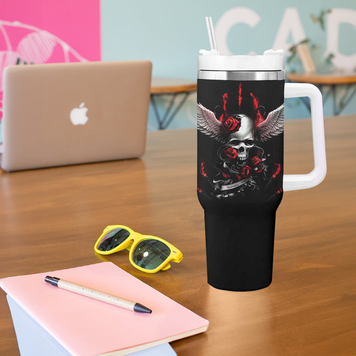 Wings Rose Skull Tumbler With Handle Romantic Rose Skull Wings