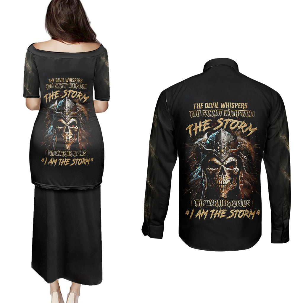 warrior-skull-couples-matching-puletasi-dress-and-long-sleeve-button-shirts-the-warrior-replies-iam-the-storm