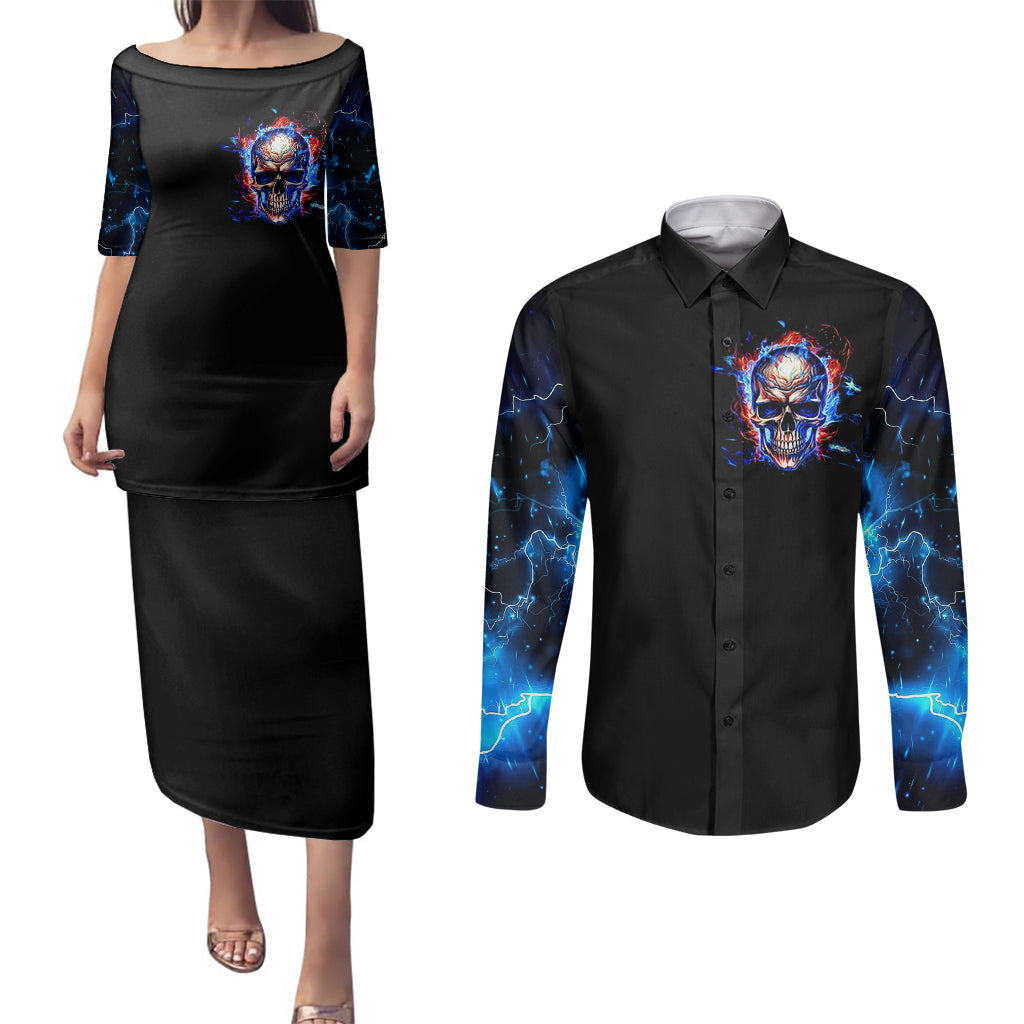 fire-skull-couples-matching-puletasi-dress-and-long-sleeve-button-shirts-your-demon-hide-under-your-bed