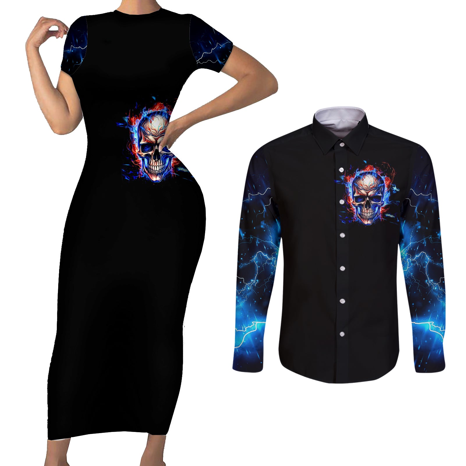 fire-skull-couples-matching-short-sleeve-bodycon-dress-and-long-sleeve-button-shirts-your-demon-hide-under-your-bed