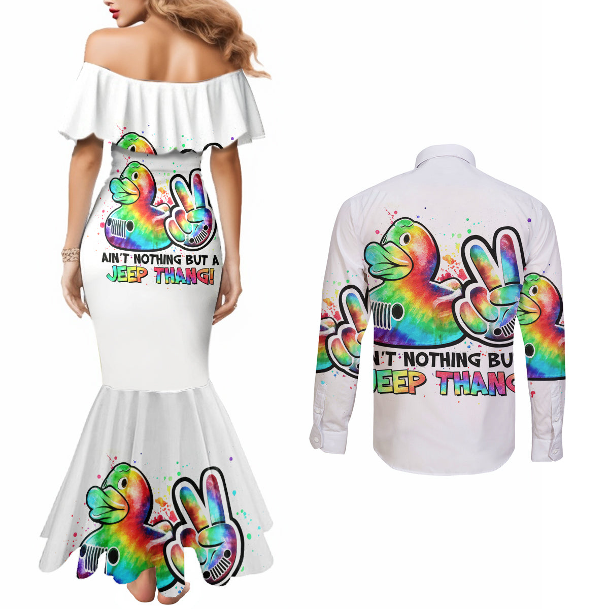 Duck Jeep Couples Matching Mermaid Dress and Long Sleeve Button Shirt Ain't Nothing But A Jeep Thang