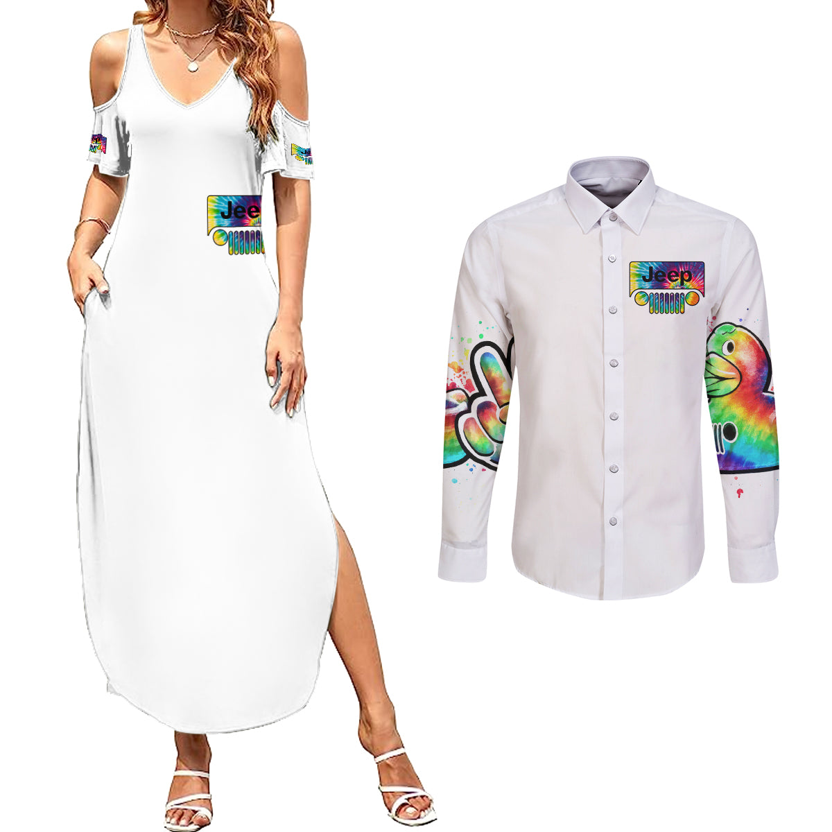 Duck Jeep Couples Matching Summer Maxi Dress and Long Sleeve Button Shirt Ain't Nothing But A Jeep Thang
