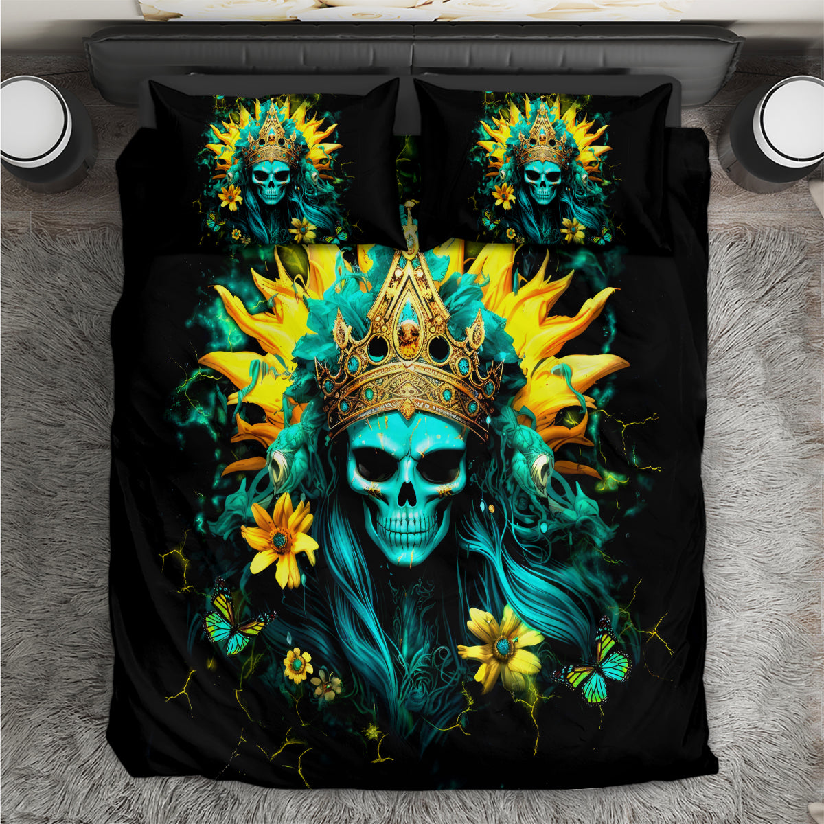 Sunflower Skull Bedding Set Bitch I'm Not A Princess I'm The Fucking Queen