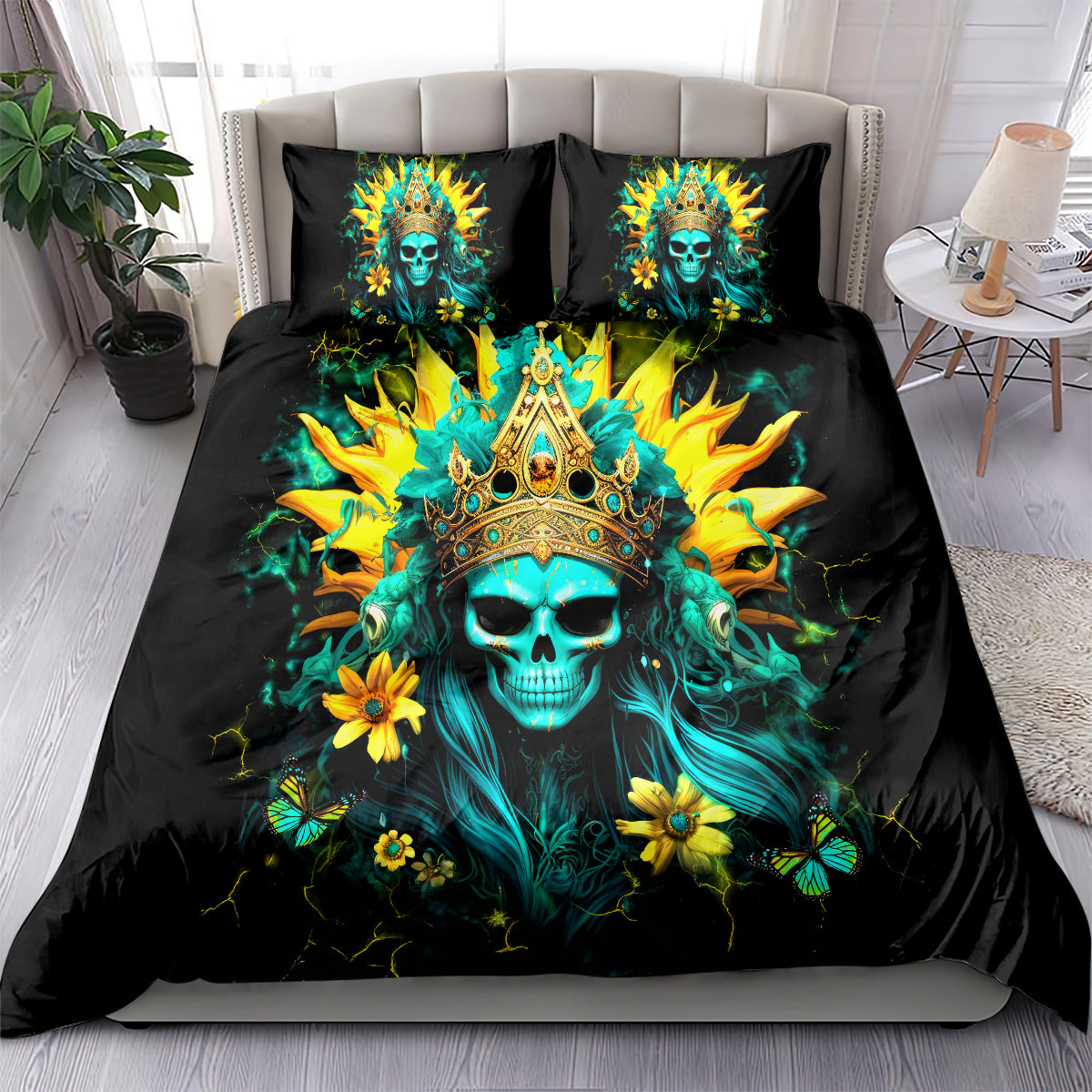 Sunflower Skull Bedding Set Bitch I'm Not A Princess I'm The Fucking Queen