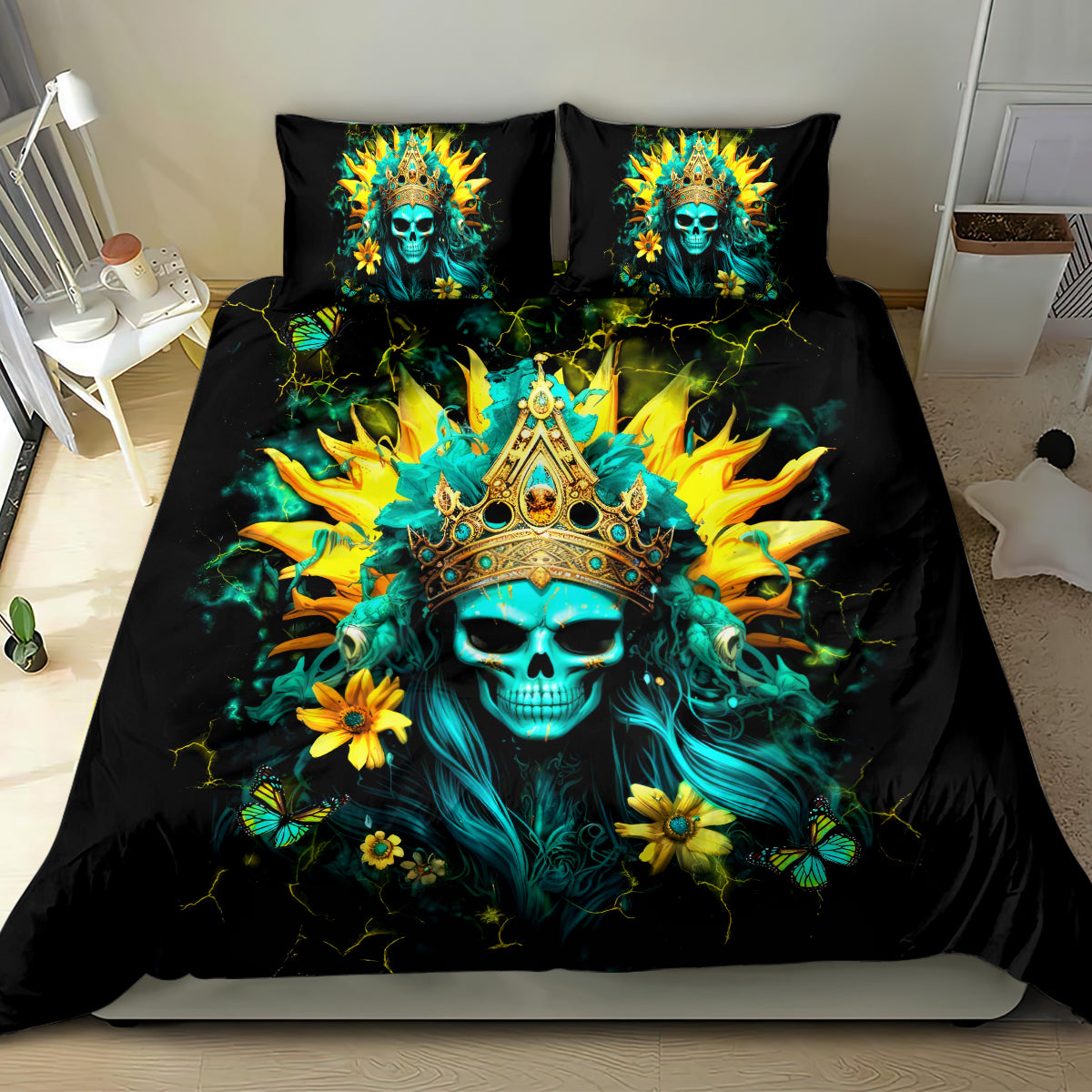Sunflower Skull Bedding Set Bitch I'm Not A Princess I'm The Fucking Queen